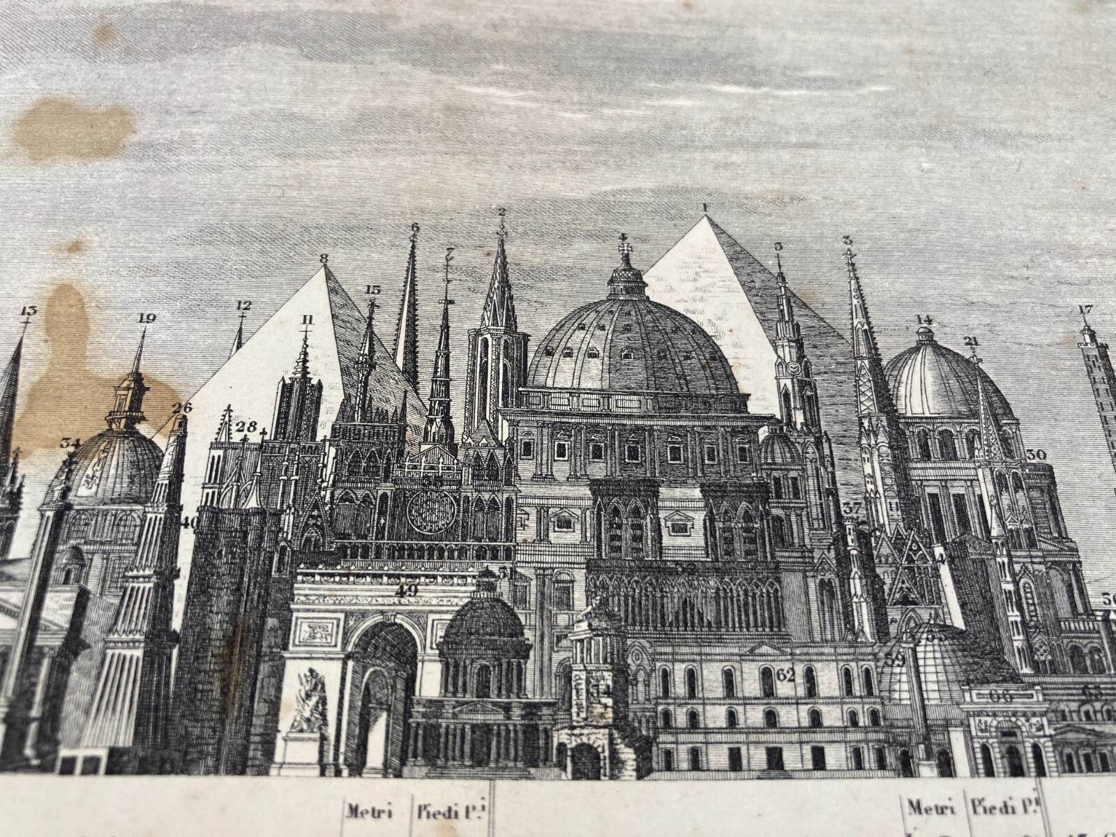 Altezze Dei Maggiori Monumenti: Piramidi, Torri, Campanili, Cattedrali. Stampa Dell'800