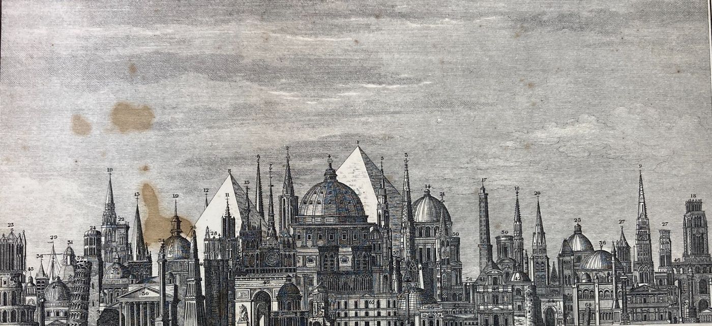 Altezze Dei Maggiori Monumenti: Piramidi, Torri, Campanili, Cattedrali. Stampa Dell'800