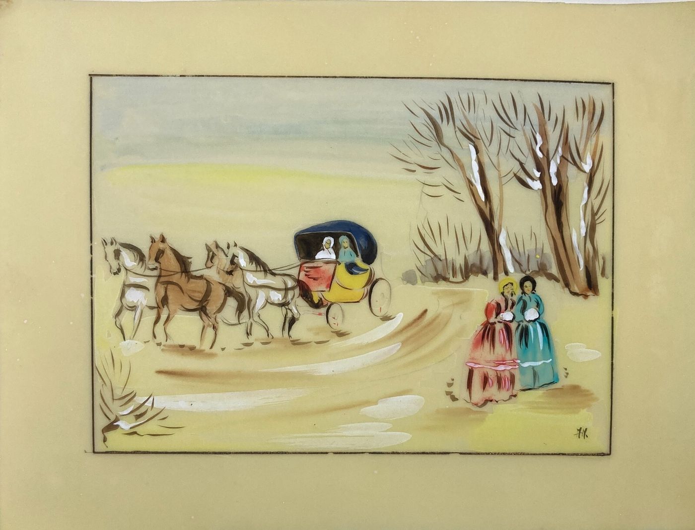 Scena Con Carrozza E Figure Femminili In Abito d'Epoca. Dipinto A Tempera Su Supporto Plastico
