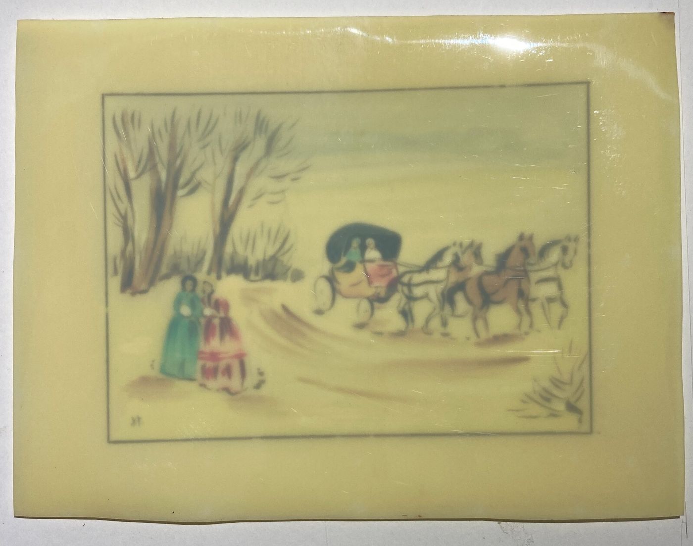 Scena Con Carrozza E Figure Femminili In Abito d'Epoca. Dipinto A Tempera Su Supporto Plastico