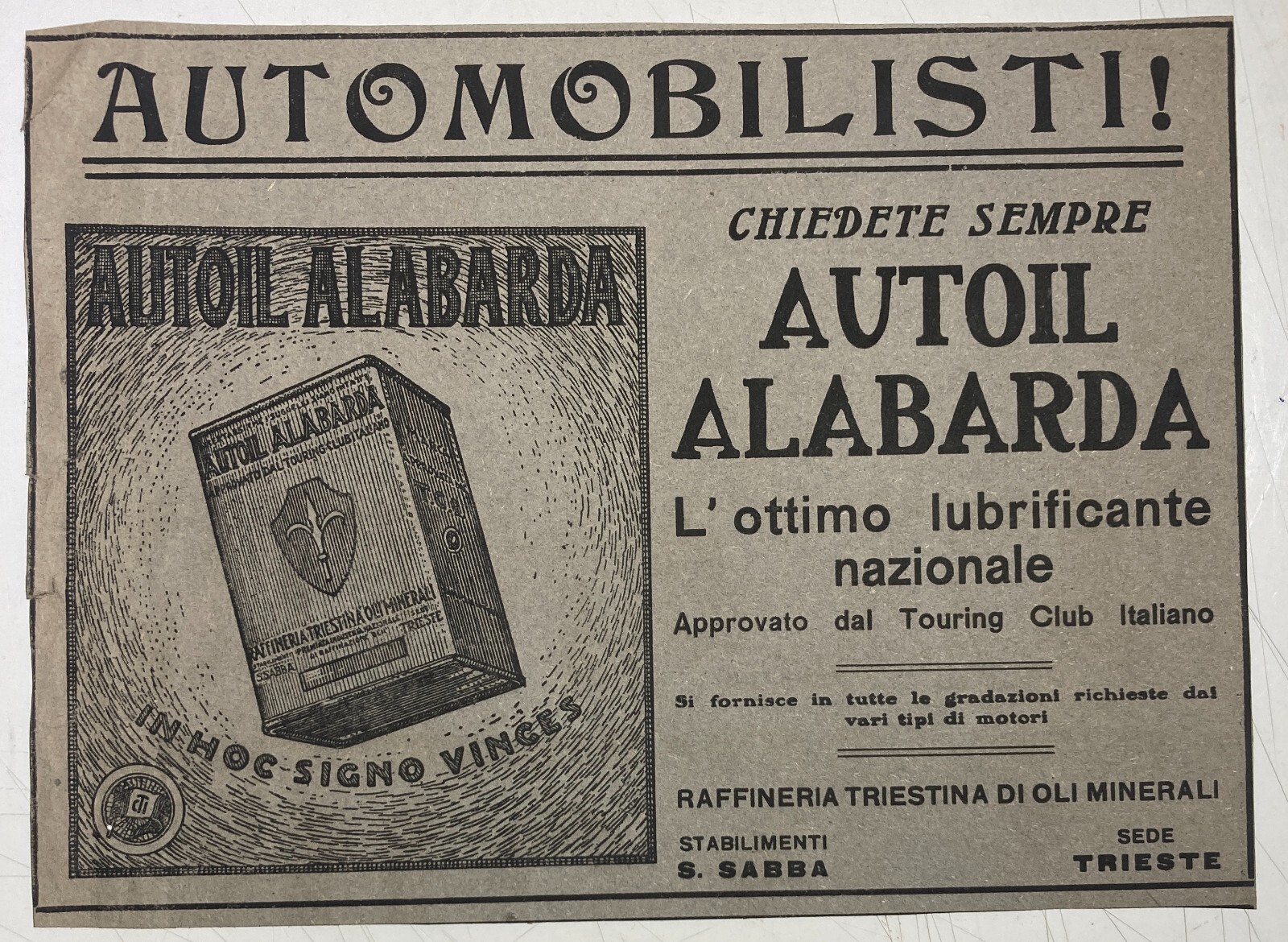 Autoil Alabarda, Motori E Lubrificanti: Ritaglio Pubblicitario d'Epoca   Trieste