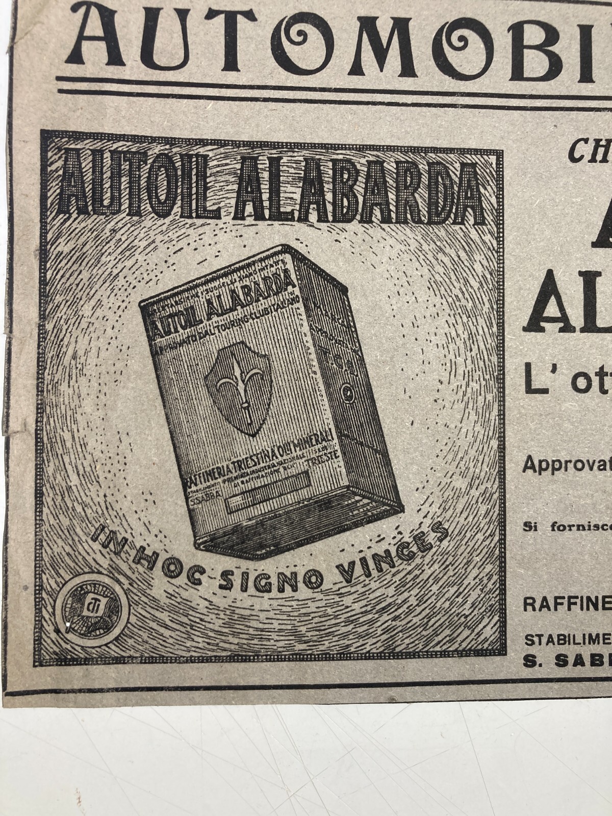 Autoil Alabarda, Motori E Lubrificanti: Ritaglio Pubblicitario d'Epoca   Trieste