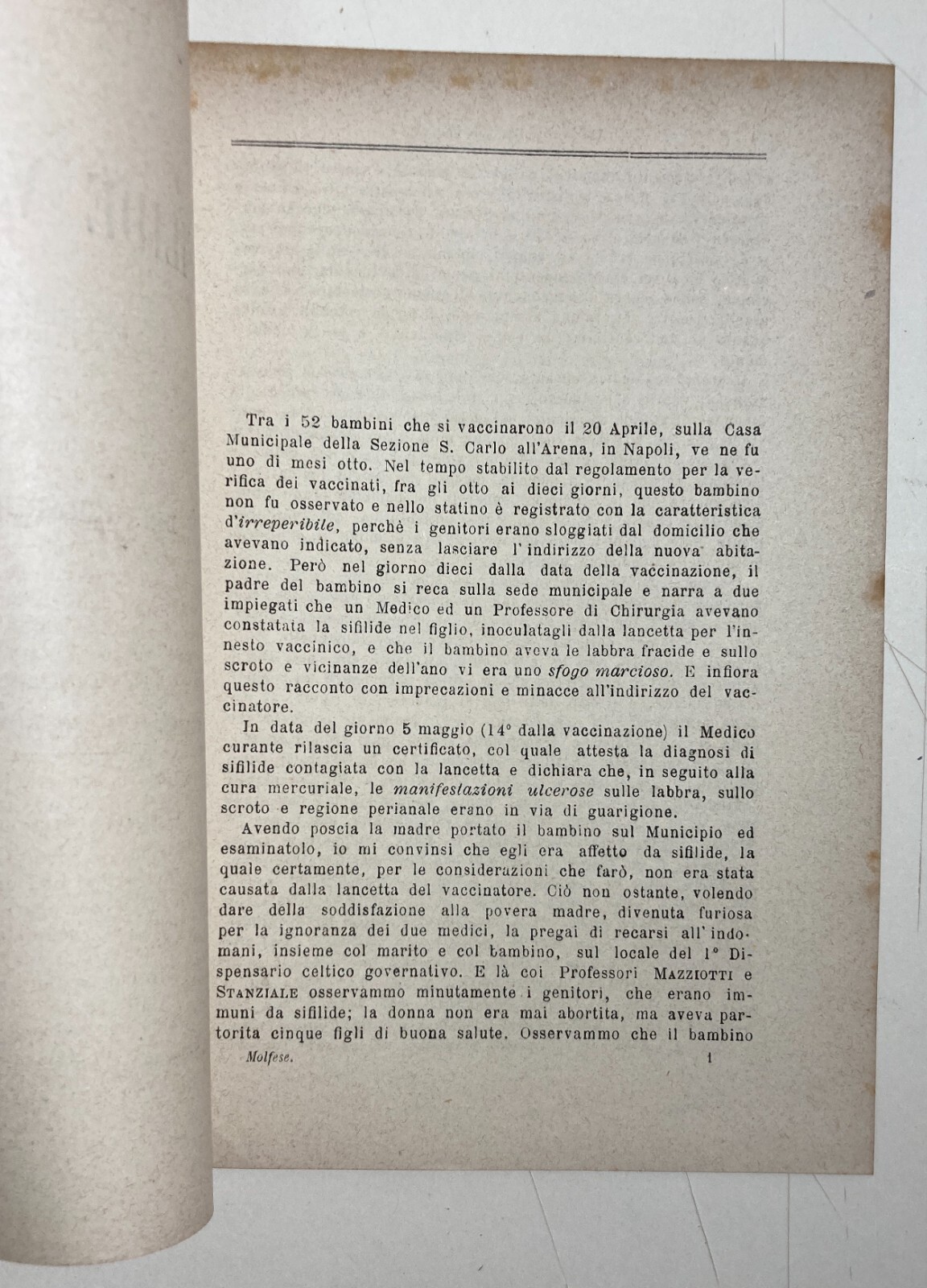 Medicina, Pediatria, Dermatologia, Vaccinazioni. Sifilide Vaccinale, Molfese, Napoli.