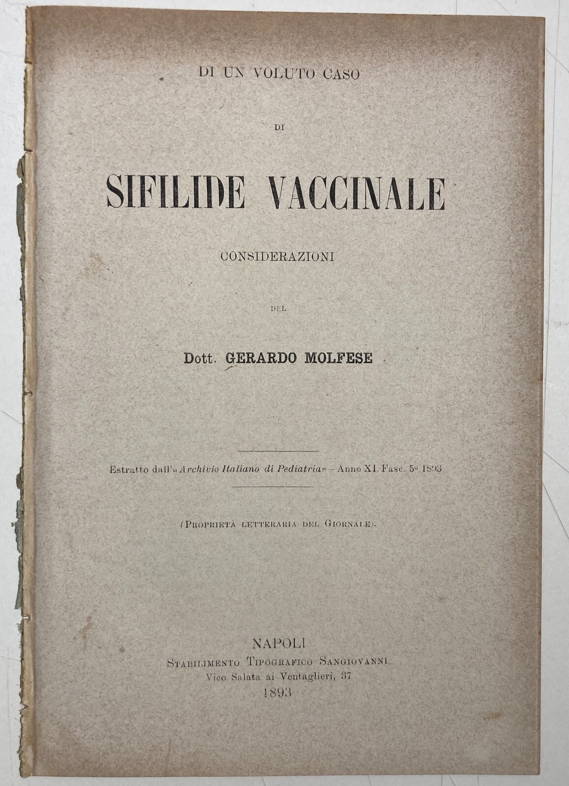 Medicina, Pediatria, Dermatologia, Vaccinazioni. Sifilide Vaccinale, Molfese, Napoli.