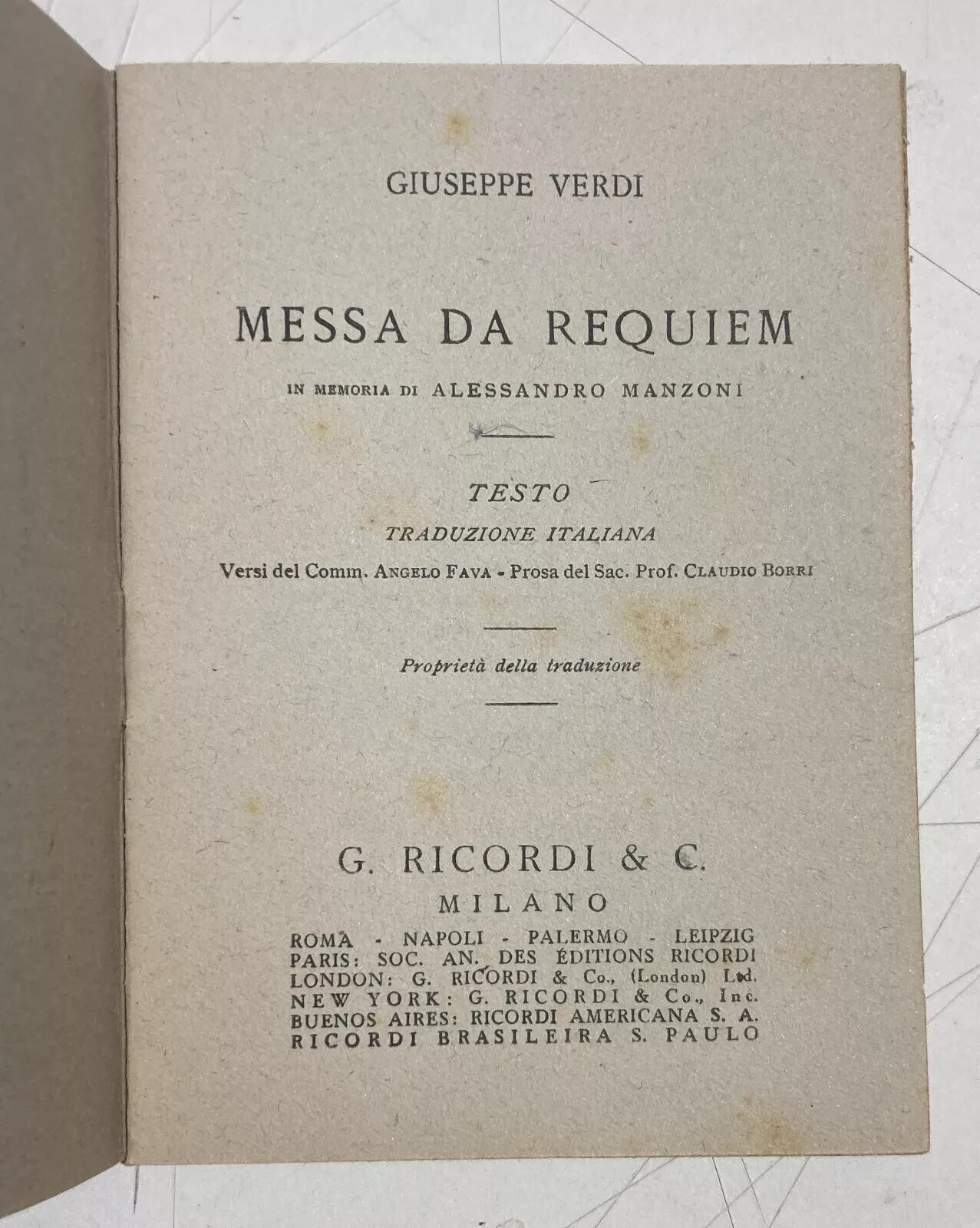 Teatro Musica: Giuseppe Verdi, Manzoni, Messa Da Requiem, Edizione Ricordi, Milano
