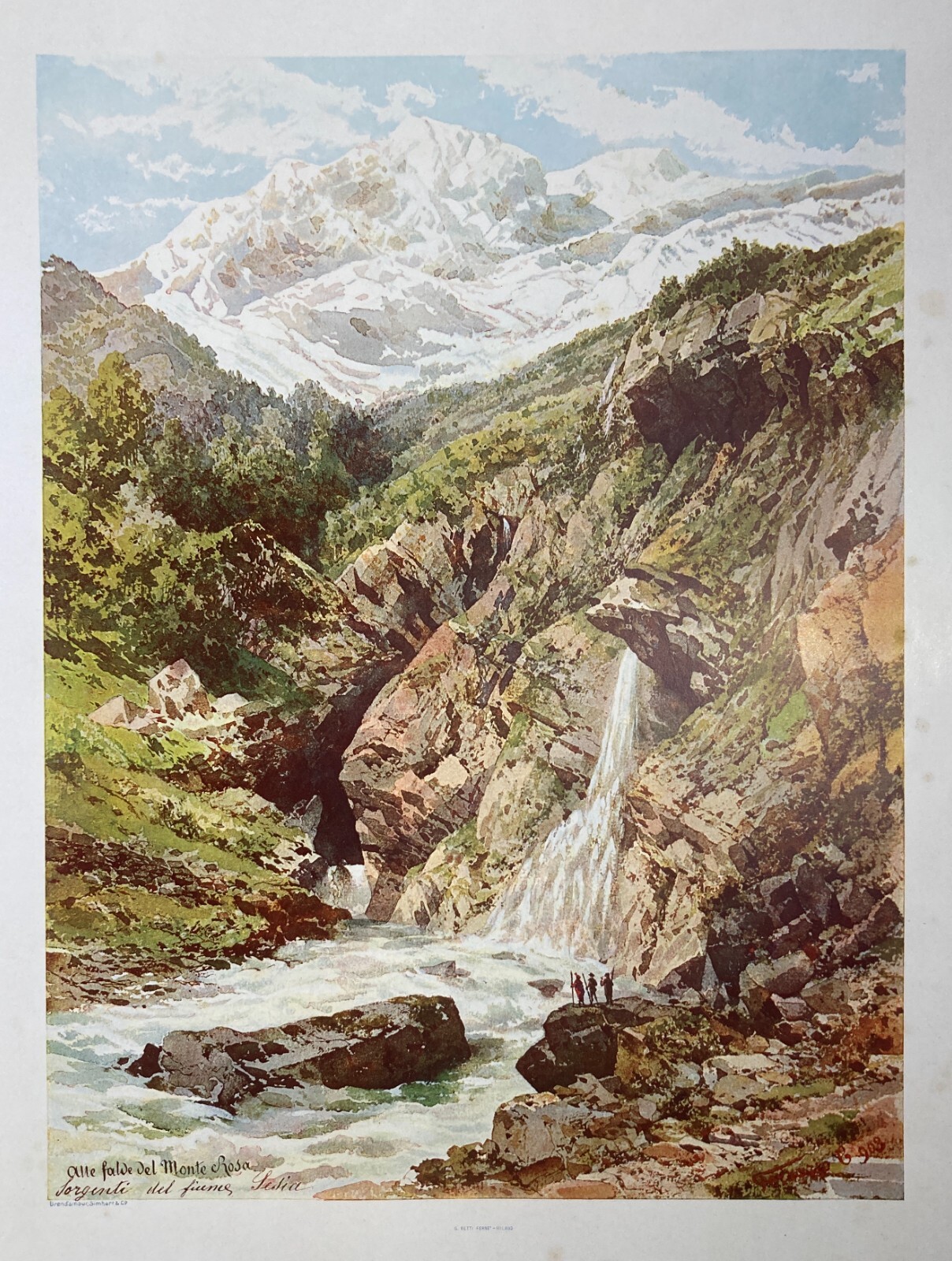 Valle d'Aosta, Monte Rosa: Sorgenti Del Fiume Sesia. Antica Stampa A Colori Di Carlo Ferrario