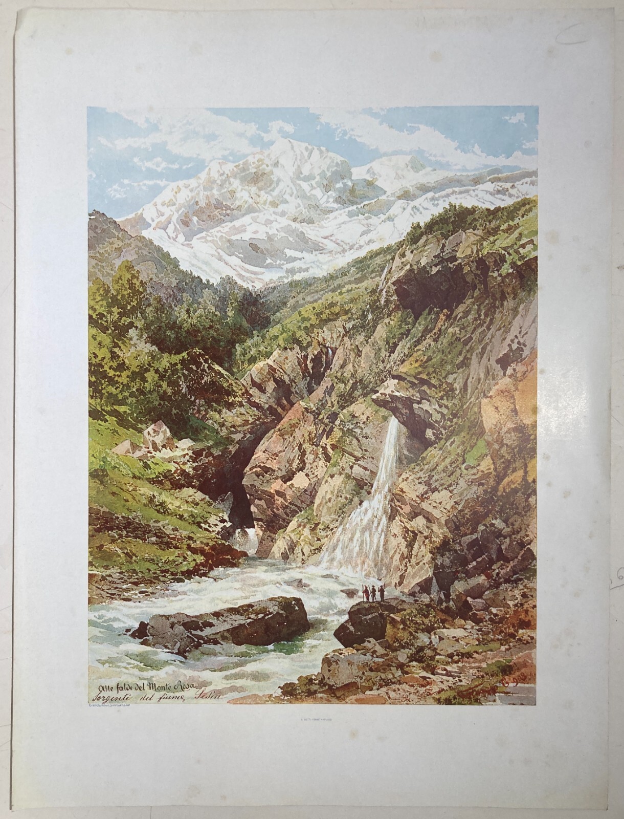 Valle d'Aosta, Monte Rosa: Sorgenti Del Fiume Sesia. Antica Stampa A Colori Di Carlo Ferrario