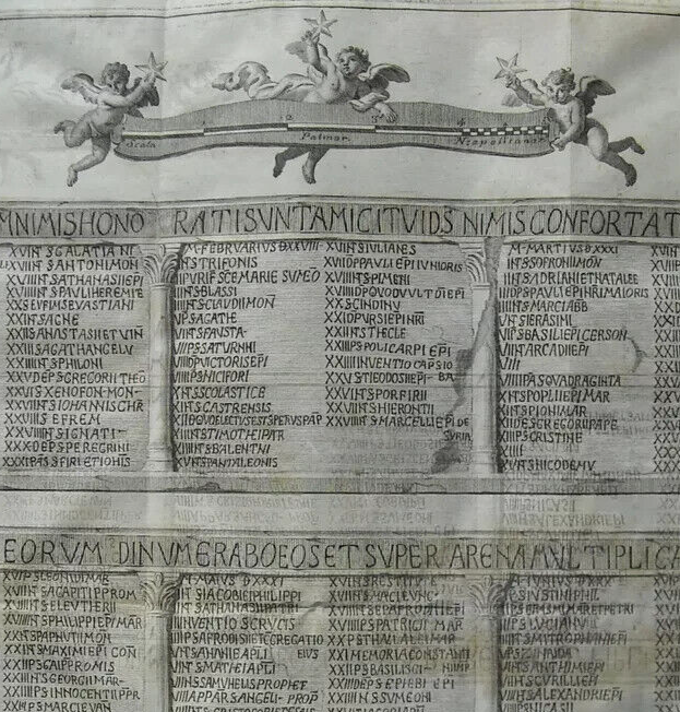 Calendario Ed Epigrafia Napoletana Con Nomi Di Santi, Incisione All'Acquaforte Del XVIII Secolo