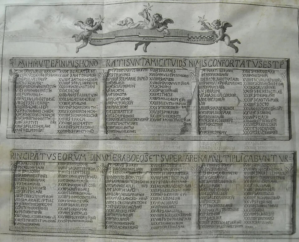 Calendario Ed Epigrafia Napoletana Con Nomi Di Santi, Incisione All'Acquaforte Del XVIII Secolo