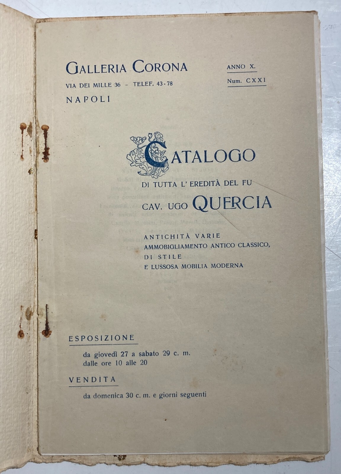 Arte Antica, Dipinti, Ceramiche, Mobili: Catalogo Vendita Quercia. Napoli, 1922, Galleria Corona