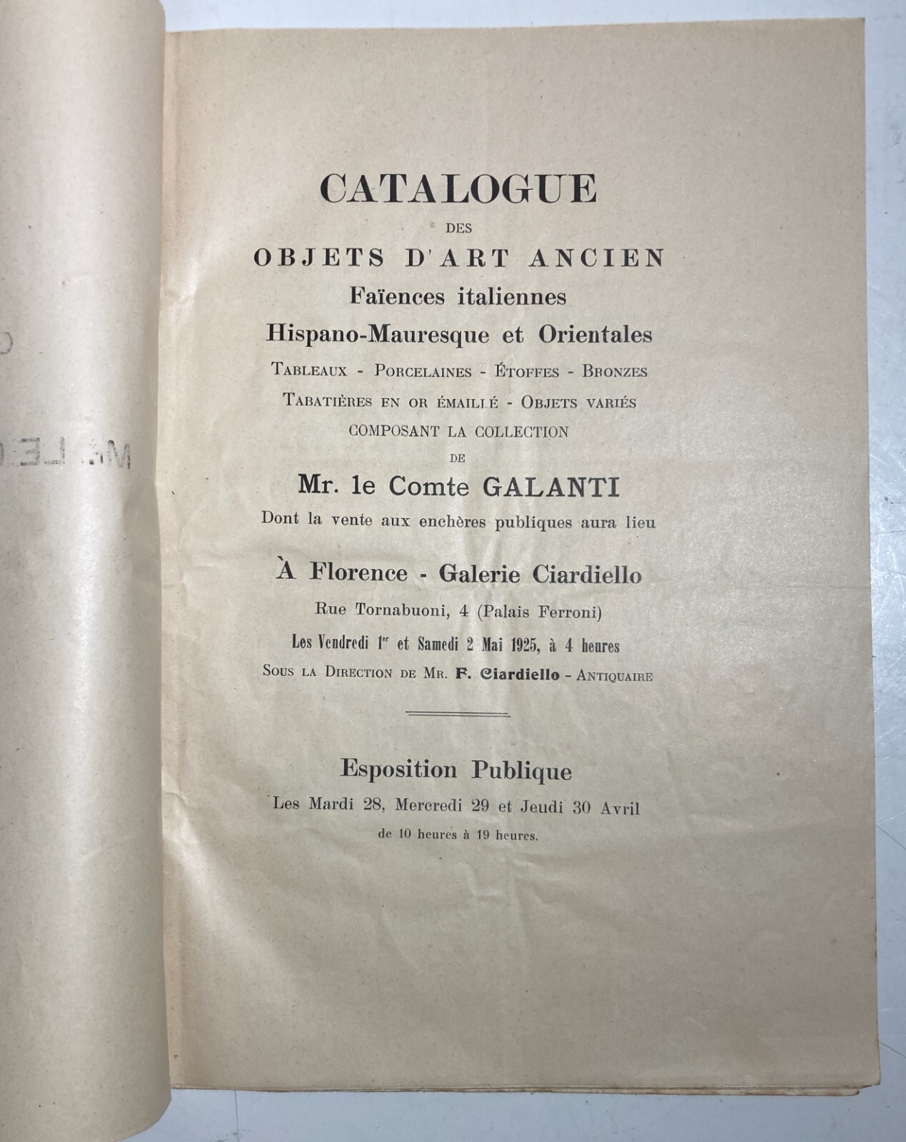 Arte, Antiquariato, Firenze: Vendita Collezione Galanti. Maioliche, Dipinti, Stoffe, 1925