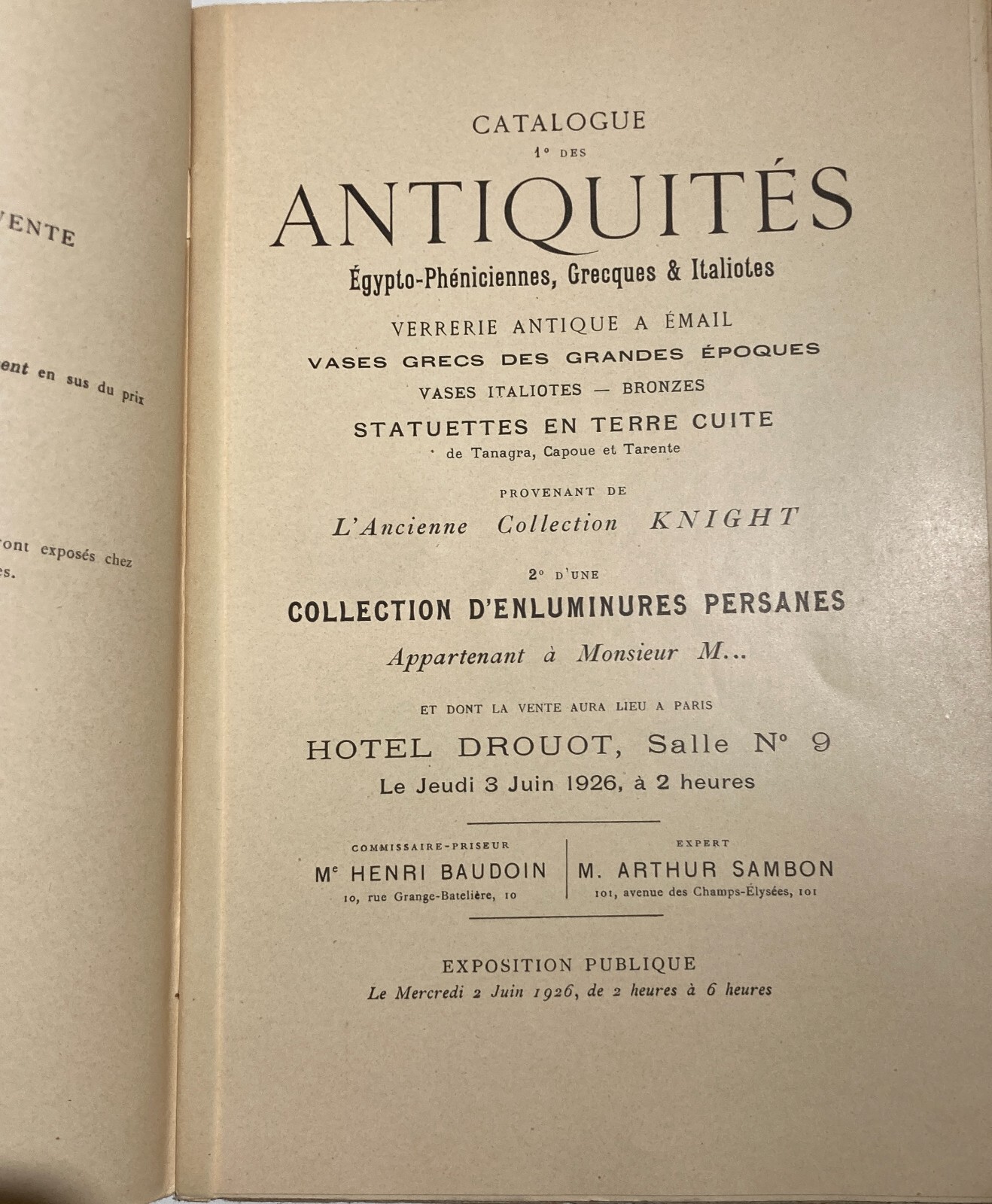 Arte Antica, Vetri, Miniature Persiane, Vendita Knight, Hotel Drouot, Parigi, 1926