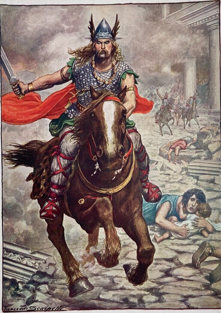 Illustrazione A Colori: L'Artista Scarpelli E Il Saccheggio Di Aquila Da Parte Di Attila