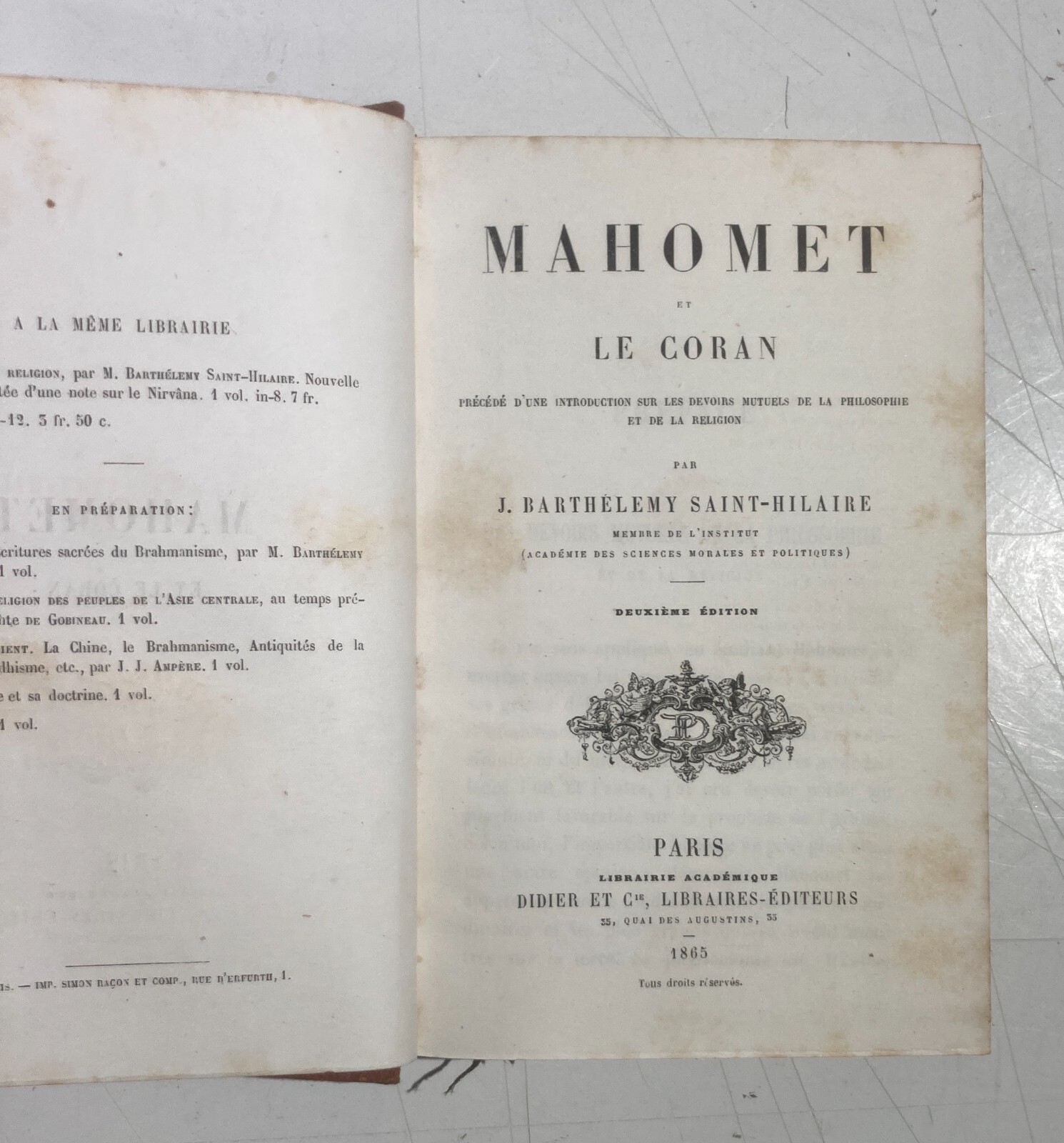 Islam, Maometto, Corano, Filosofia, Religione. Antica Edizione Francese, 1865