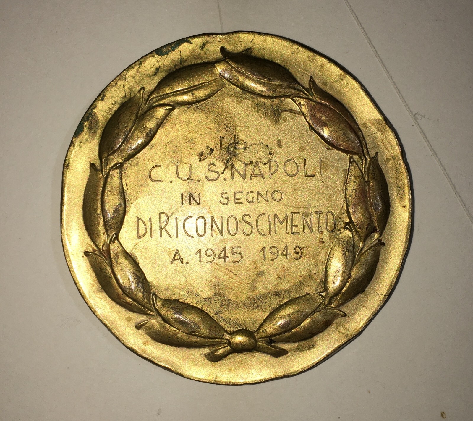 C.U.S. Napoli, Medaglia Sportiva In Metallo Dorato Con Soggetto Mitologico, 1945 1949