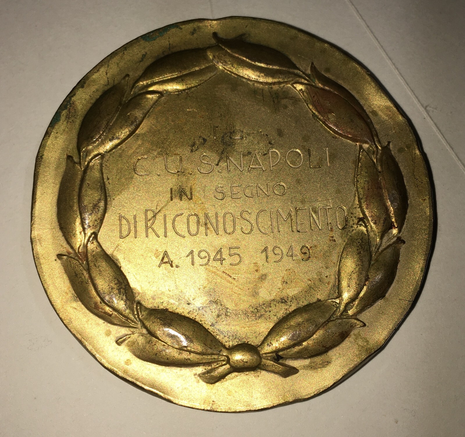 C.U.S. Napoli, Medaglia Sportiva In Metallo Dorato Con Soggetto Mitologico, 1945 1949