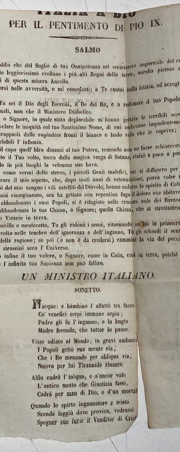 Risorgimento: Pentimento Di Pio IX, Salmo E Sonetto. Antico Foglio Volante