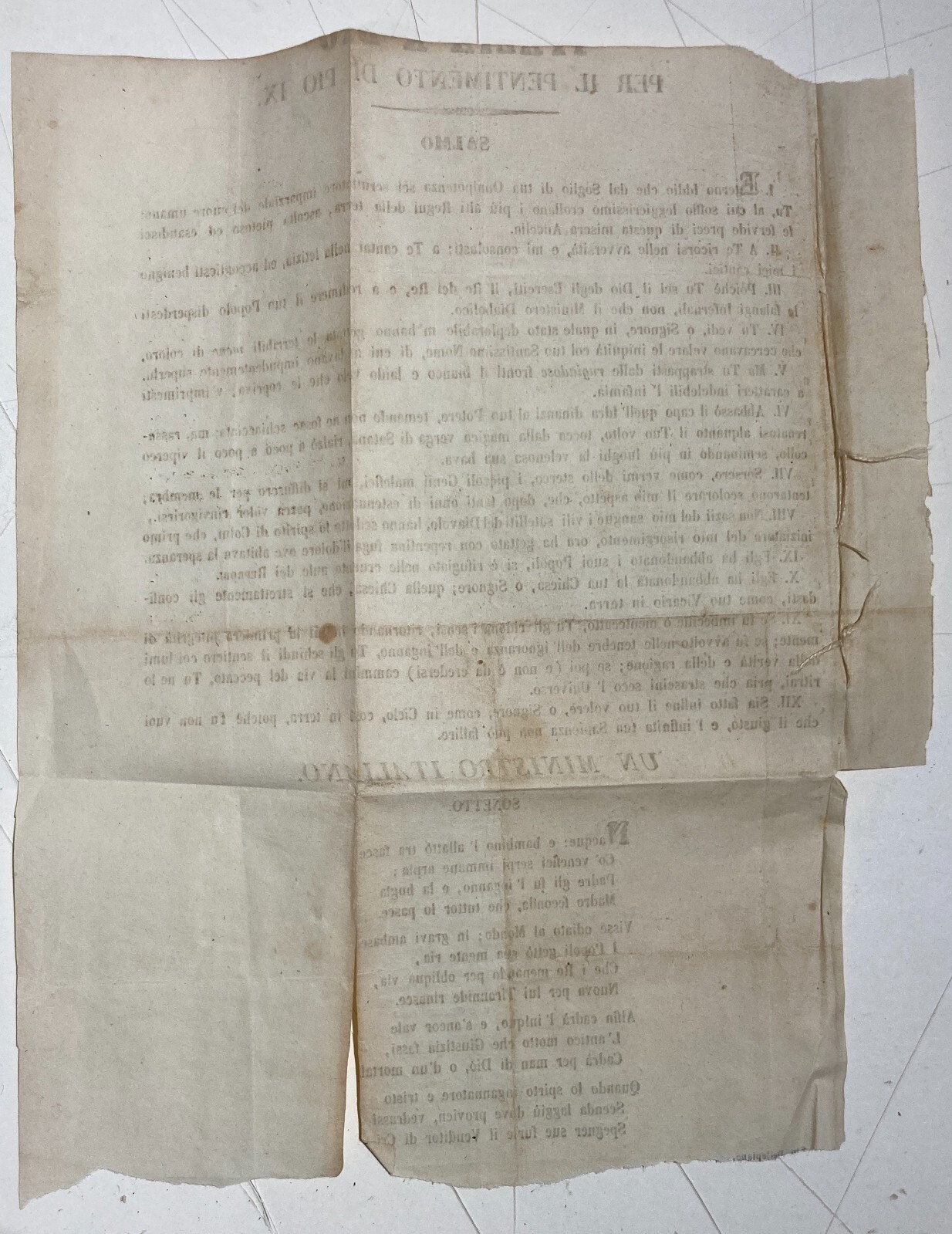 Risorgimento: Pentimento Di Pio IX, Salmo E Sonetto. Antico Foglio Volante