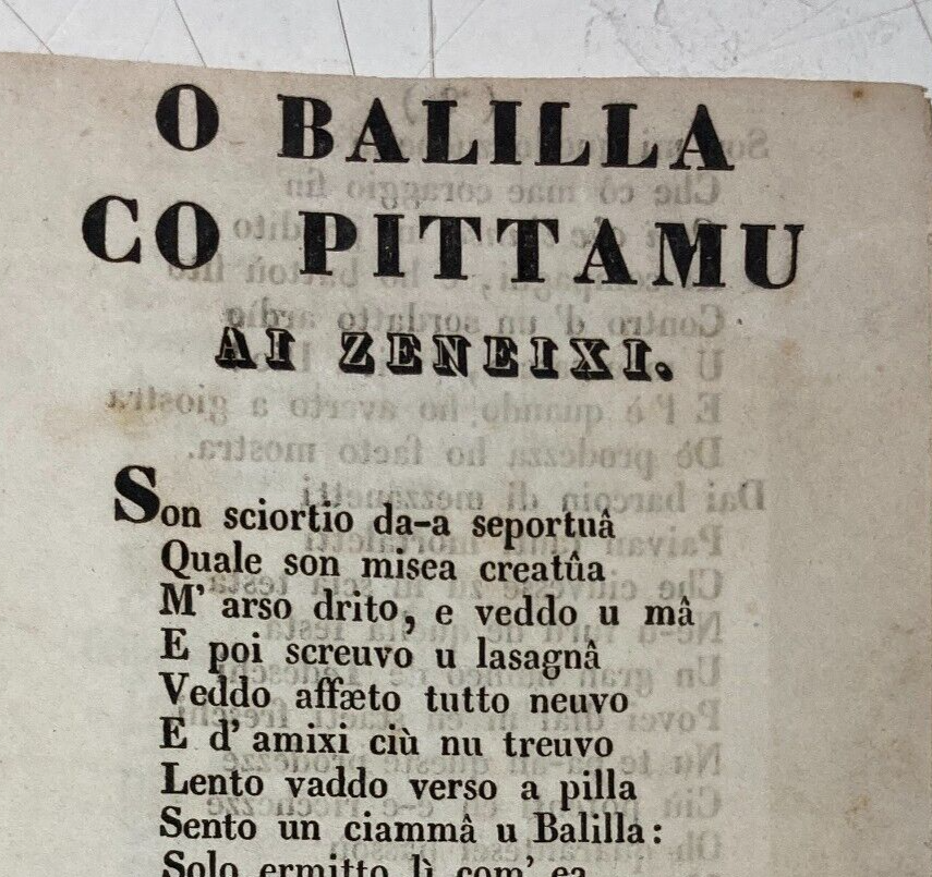 Risorgimento, Liguria, Genova. Tipografia Dagnino: O Balilla Co Pittamu, Dialetto Genovese, Ottocento