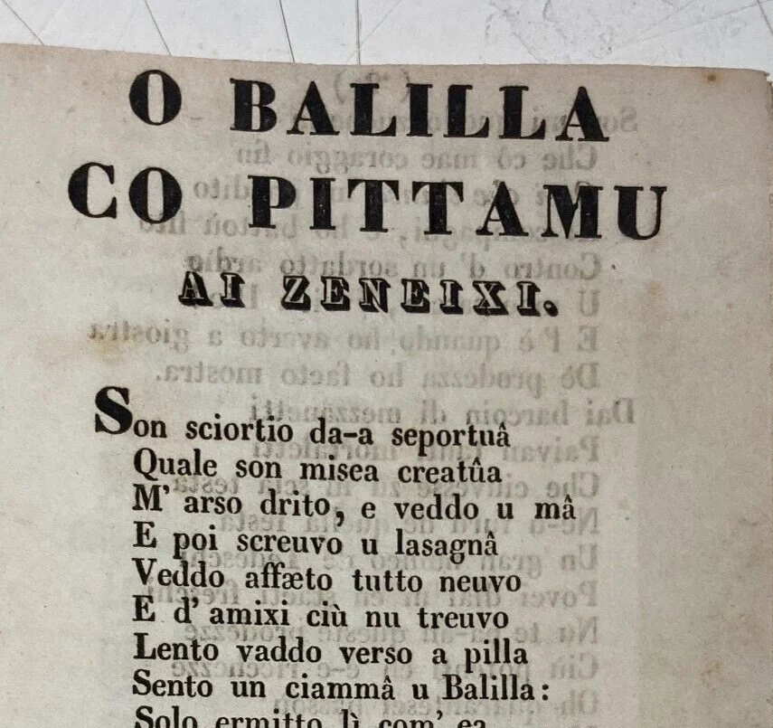 Risorgimento, Liguria, Genova. Tipografia Dagnino: O Balilla Co Pittamu, Dialetto Genovese, Ottocento