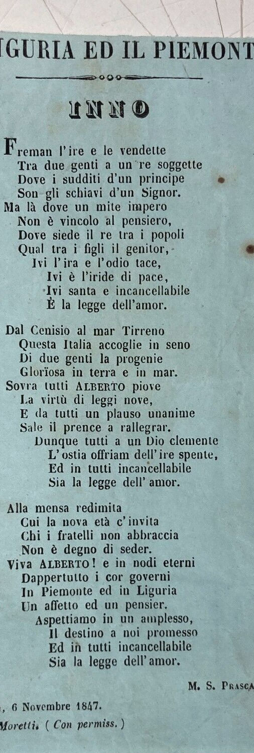 Risorgimento   Liguria E Piemonte   Antico Foglio Volante   Inno Di M. S. Prasca   Novi Ligure, 1847