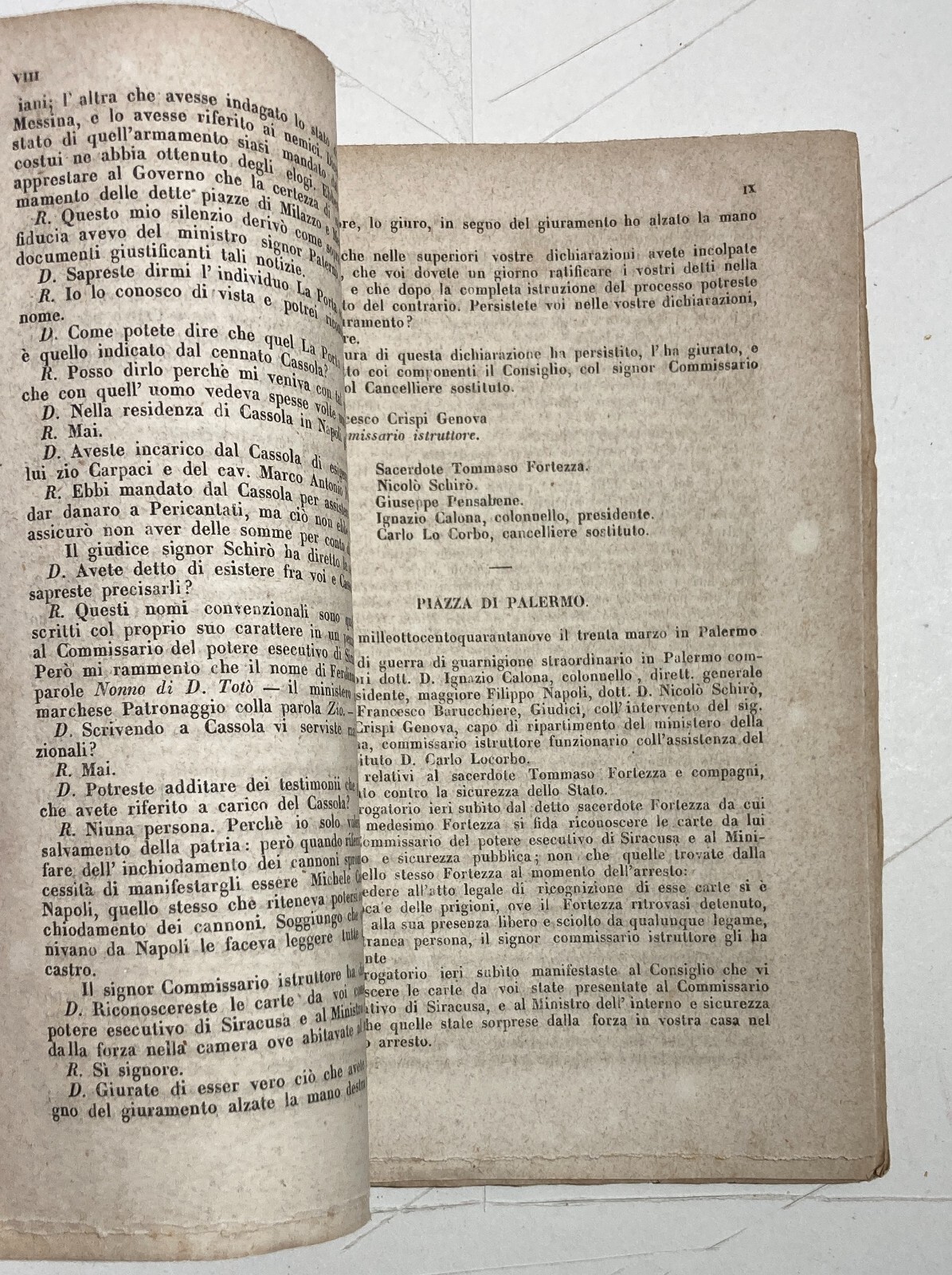 Risorgimento. Sicilia. Palermo. Processo Fortezza. Consiglio Di Guerra. Rara Edizione