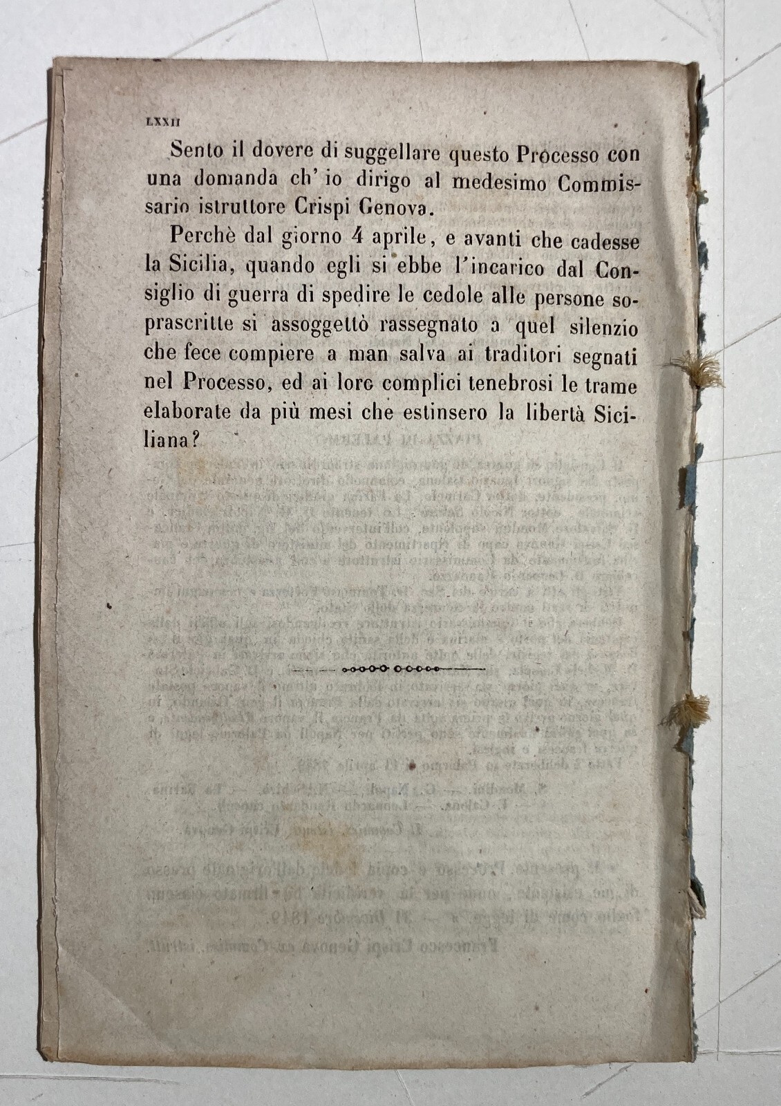 Risorgimento. Sicilia. Palermo. Processo Fortezza. Consiglio Di Guerra. Rara Edizione
