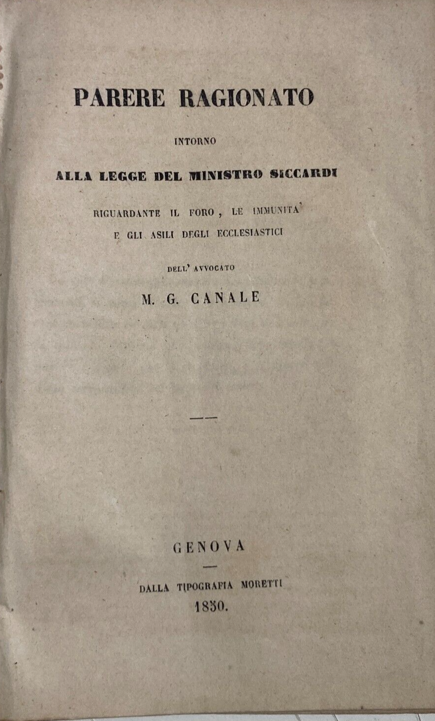 Liguria, Genova: Giuridica, Legge Siccardi. Antica Edizione, 1850. Avvocato Canale