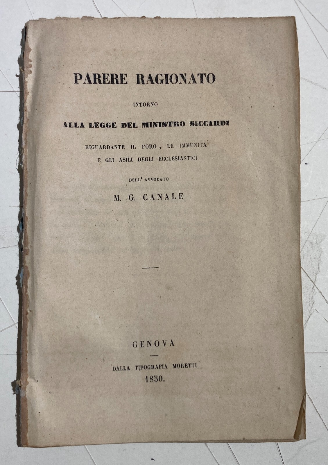 Liguria, Genova: Giuridica, Legge Siccardi. Antica Edizione, 1850. Avvocato Canale