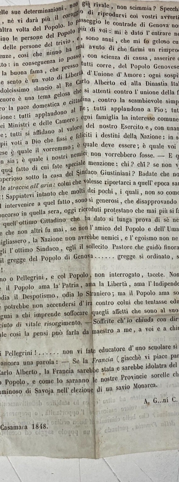 Risorgimento   Liguria   Genova   Casamara   Antico Foglio Volante   Pellegrini   1848