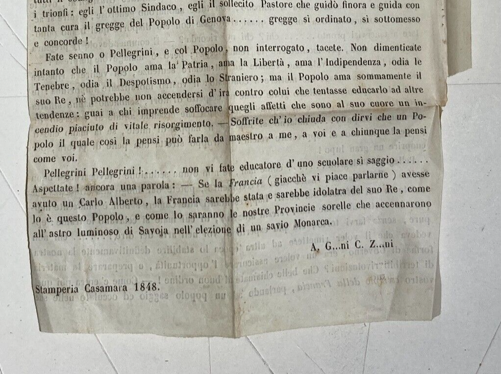 Risorgimento   Liguria   Genova   Casamara   Antico Foglio Volante   Pellegrini   1848