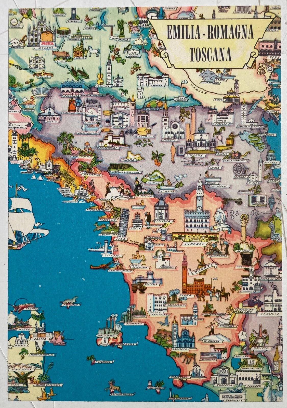 Emilia Romagna, Toscana, Lazio, Lombardia: Cartolina Pubblicitaria Motta Con Mappa Illustrata Di Vsevolod Nicouline