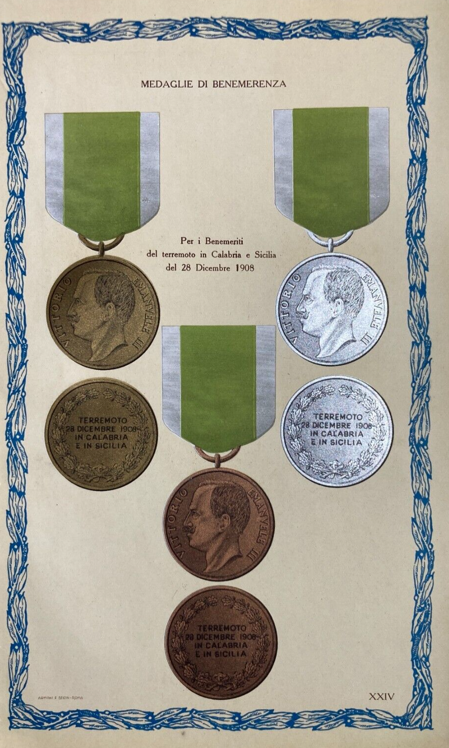 Medaglie Di Benemerenza   Terremoto Calabria E Sicilia Del 1908   Antica Stampa