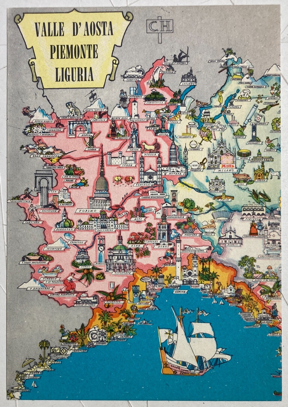 Pubblicitaria Motta Cartolina Cartografica Piemonte, Valle d'Aosta E Liguria