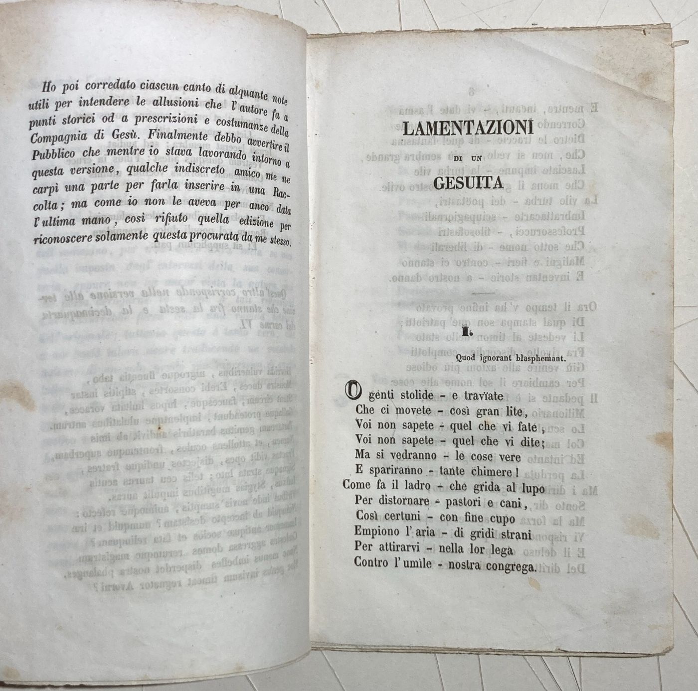 Compagnia Di Gesù. Lamentazioni Di Un Gesuita. Antonio Caccia. 1850