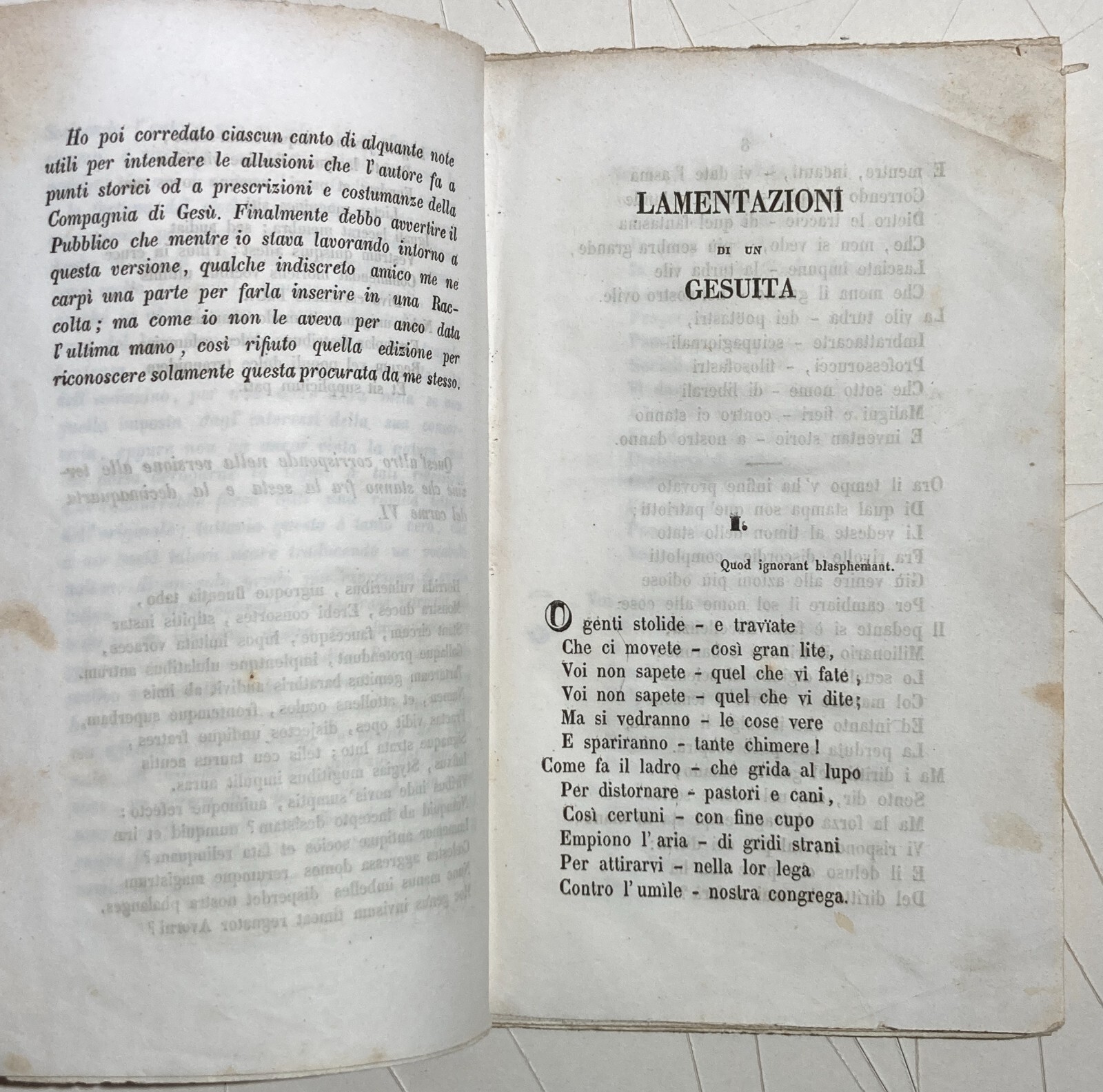 Compagnia Di Gesù. Lamentazioni Di Un Gesuita. Antonio Caccia. 1850