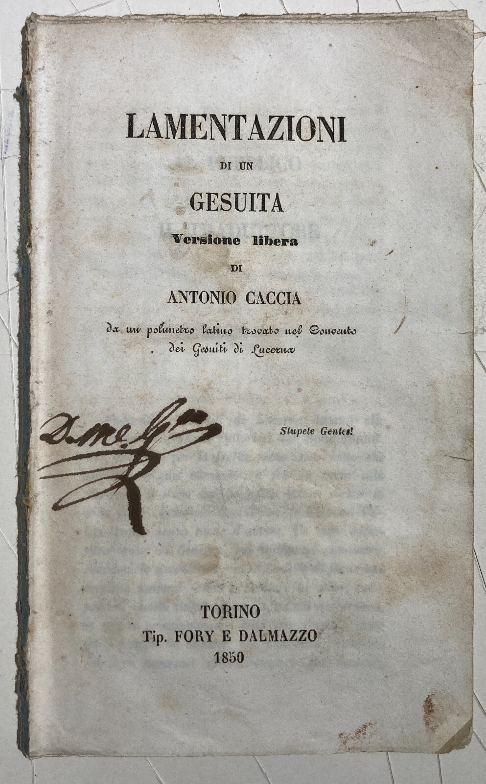 Compagnia Di Gesù. Lamentazioni Di Un Gesuita. Antonio Caccia. 1850