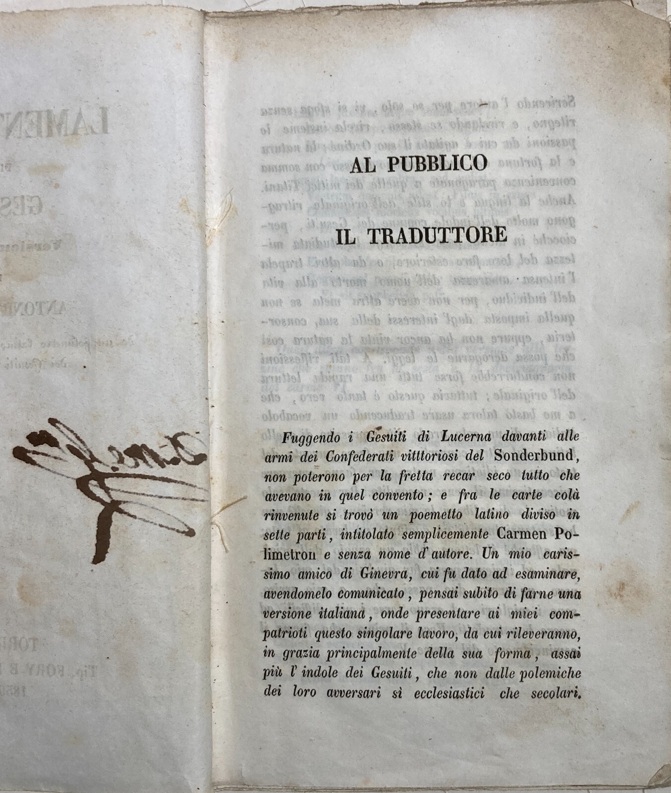 Compagnia Di Gesù. Lamentazioni Di Un Gesuita. Antonio Caccia. 1850