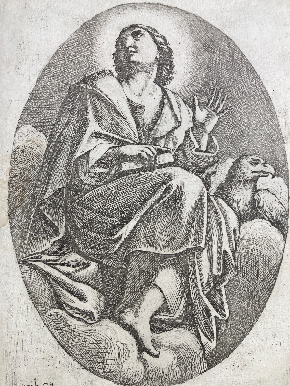 Arte Devozionale: Antica Incisione Di San Giovanni Evangelista, Firmata Carracci