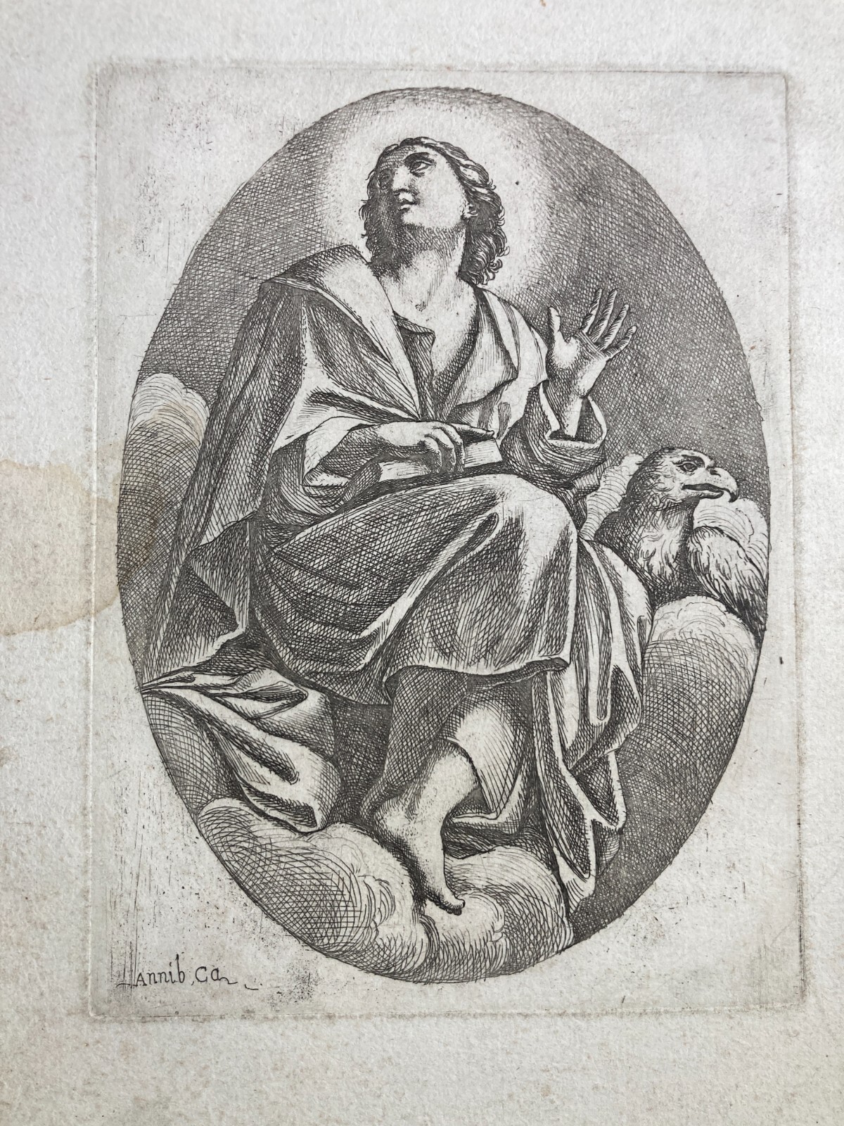Arte Devozionale: Antica Incisione Di San Giovanni Evangelista, Firmata Carracci