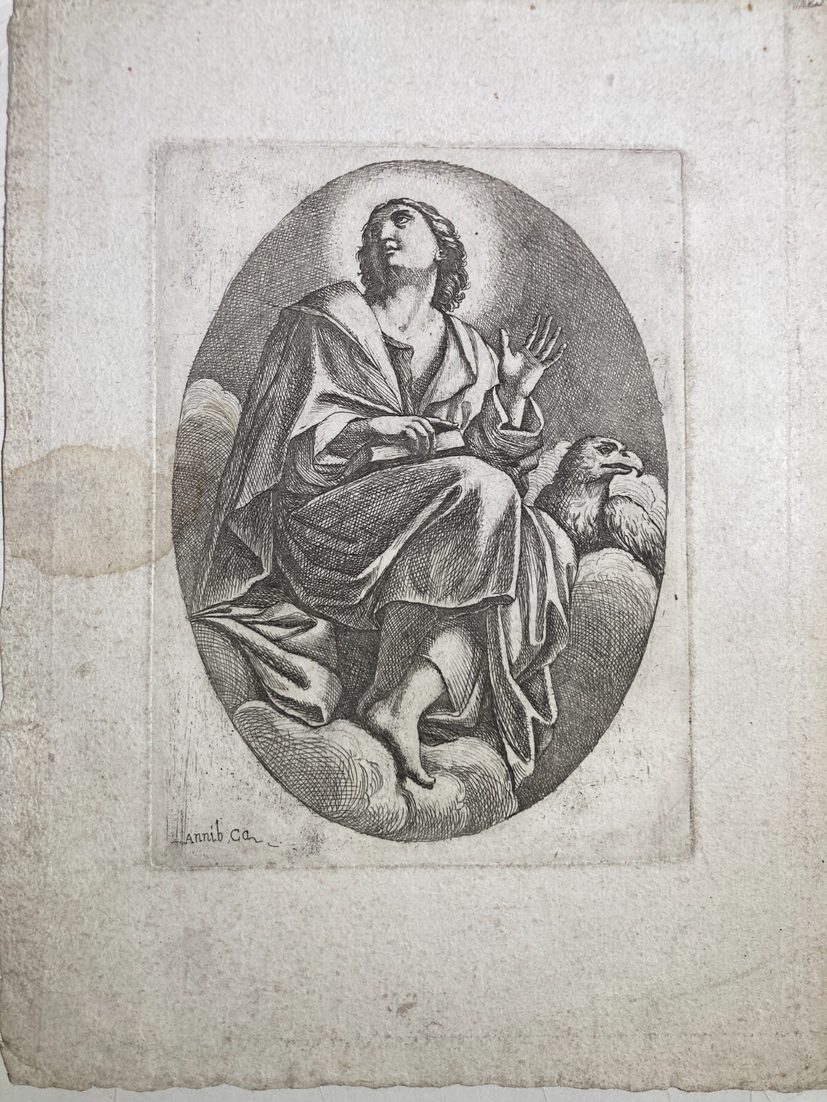 Arte Devozionale: Antica Incisione Di San Giovanni Evangelista, Firmata Carracci