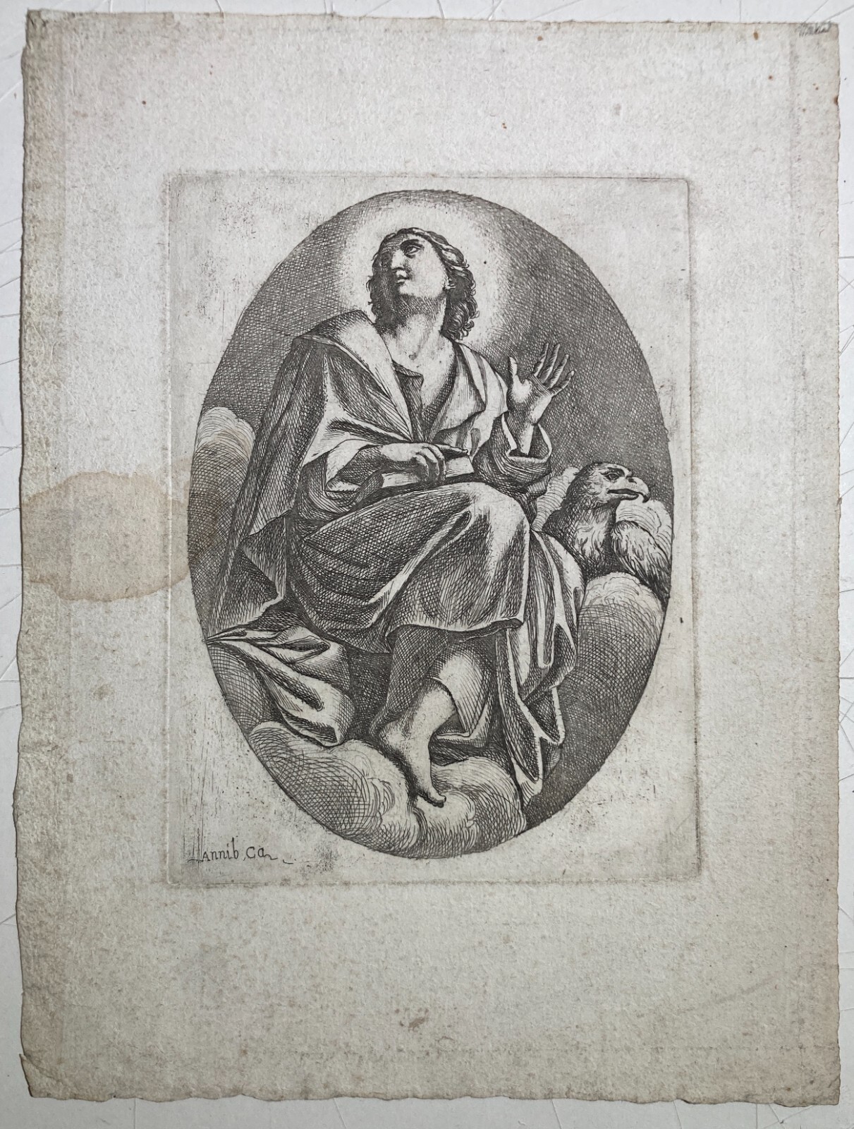 Arte Devozionale: Antica Incisione Di San Giovanni Evangelista, Firmata Carracci