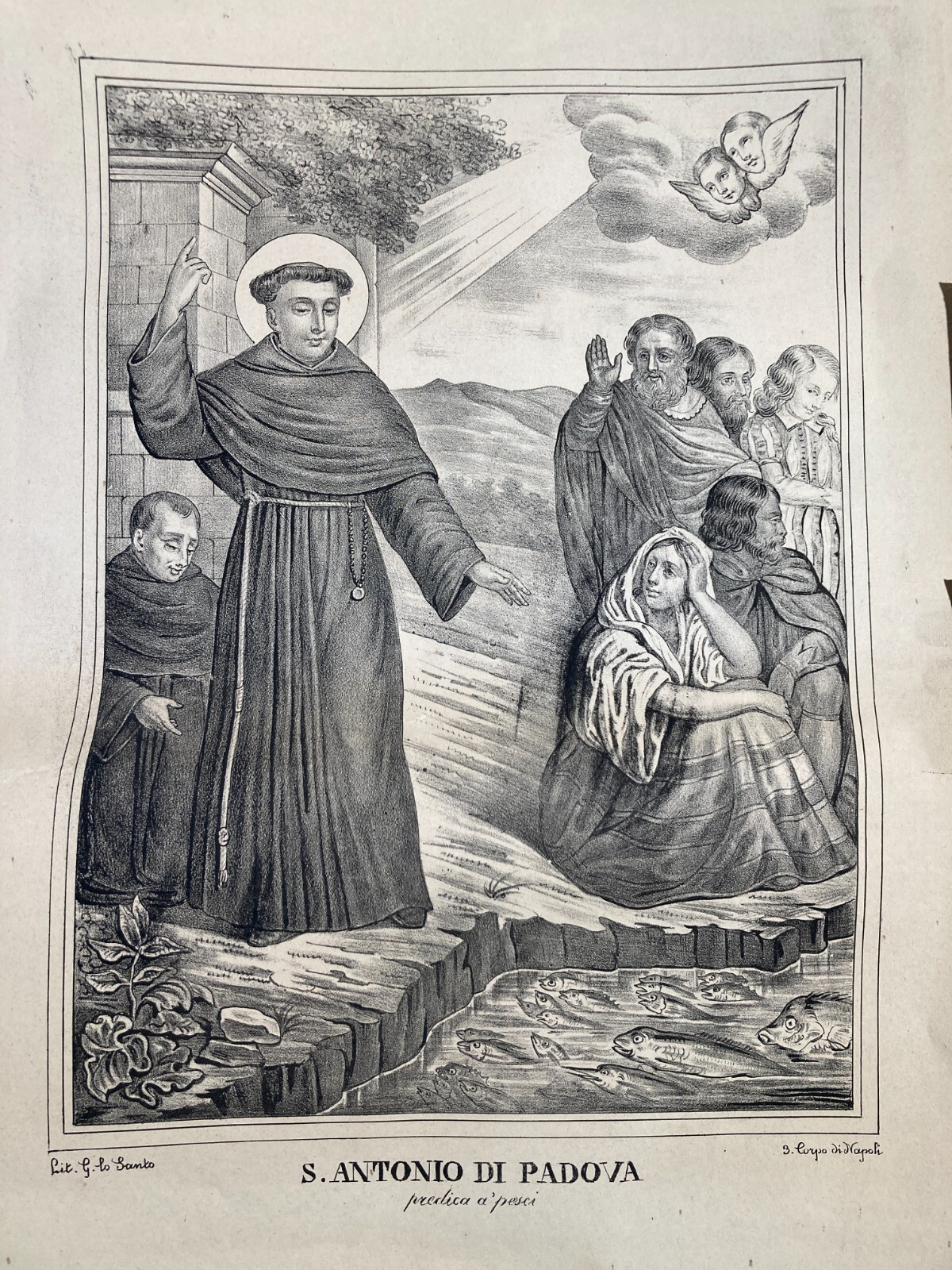Sant'Antonio Di Padova Predica Ai Pesci. Antica Stampa Popolare Devozionale Di Lo Santo