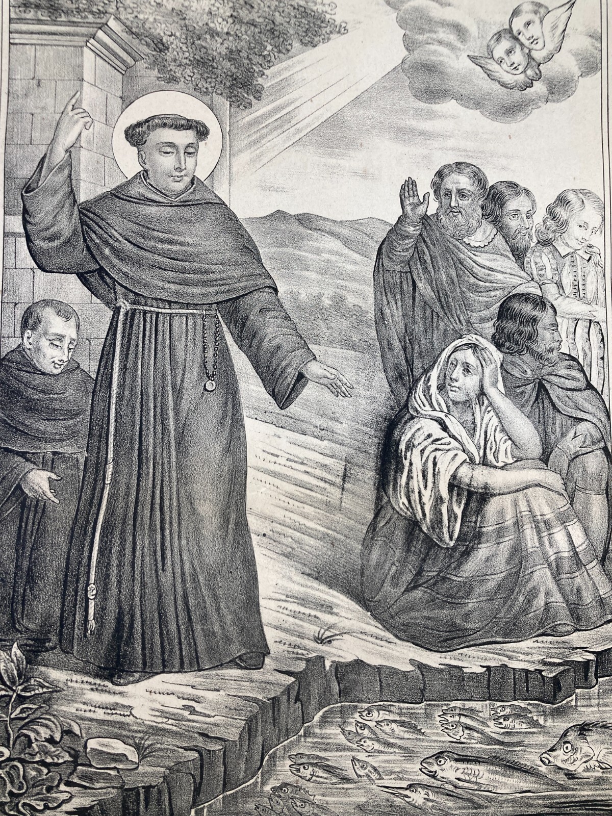 Sant'Antonio Di Padova Predica Ai Pesci. Antica Stampa Popolare Devozionale Di Lo Santo
