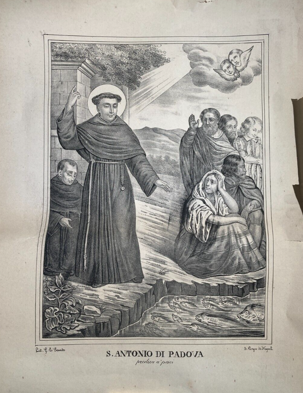 Sant'Antonio Di Padova Predica Ai Pesci. Antica Stampa Popolare Devozionale Di Lo Santo
