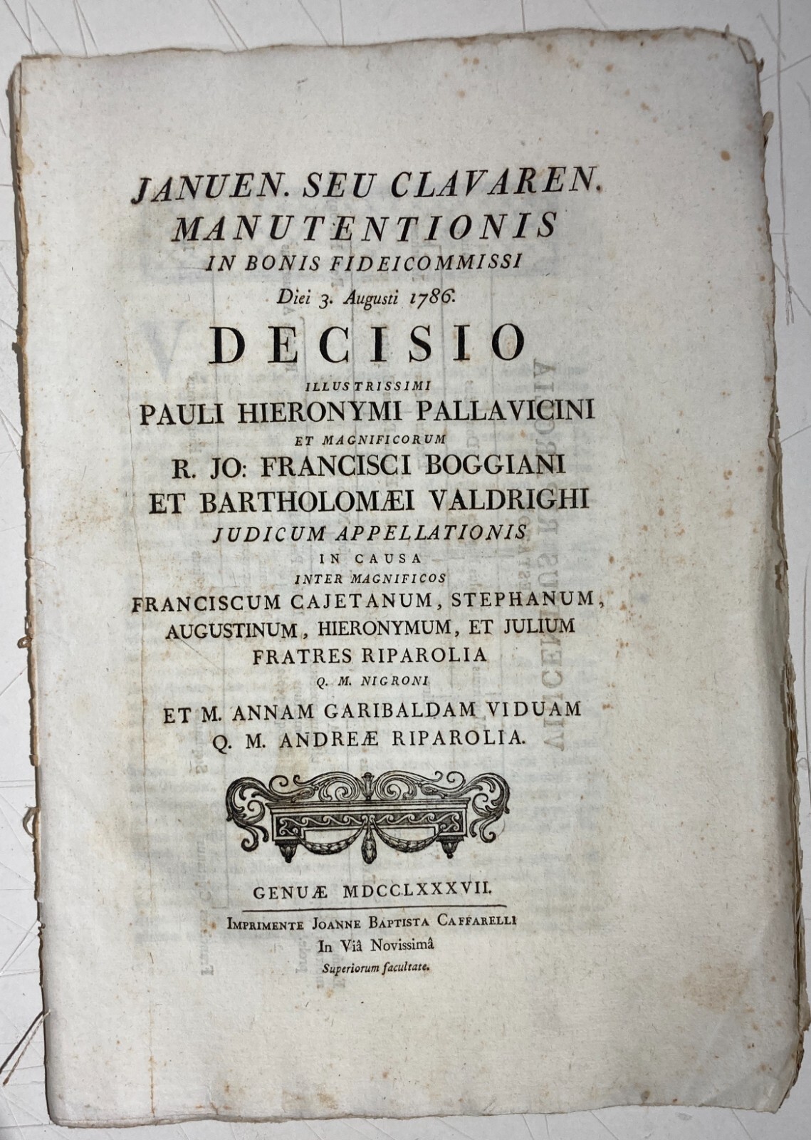 Liguria, Chiavari: Decisione Giuridica   Pallavicini, Boggiani, Valdrighi, Riparolia, Garibalda