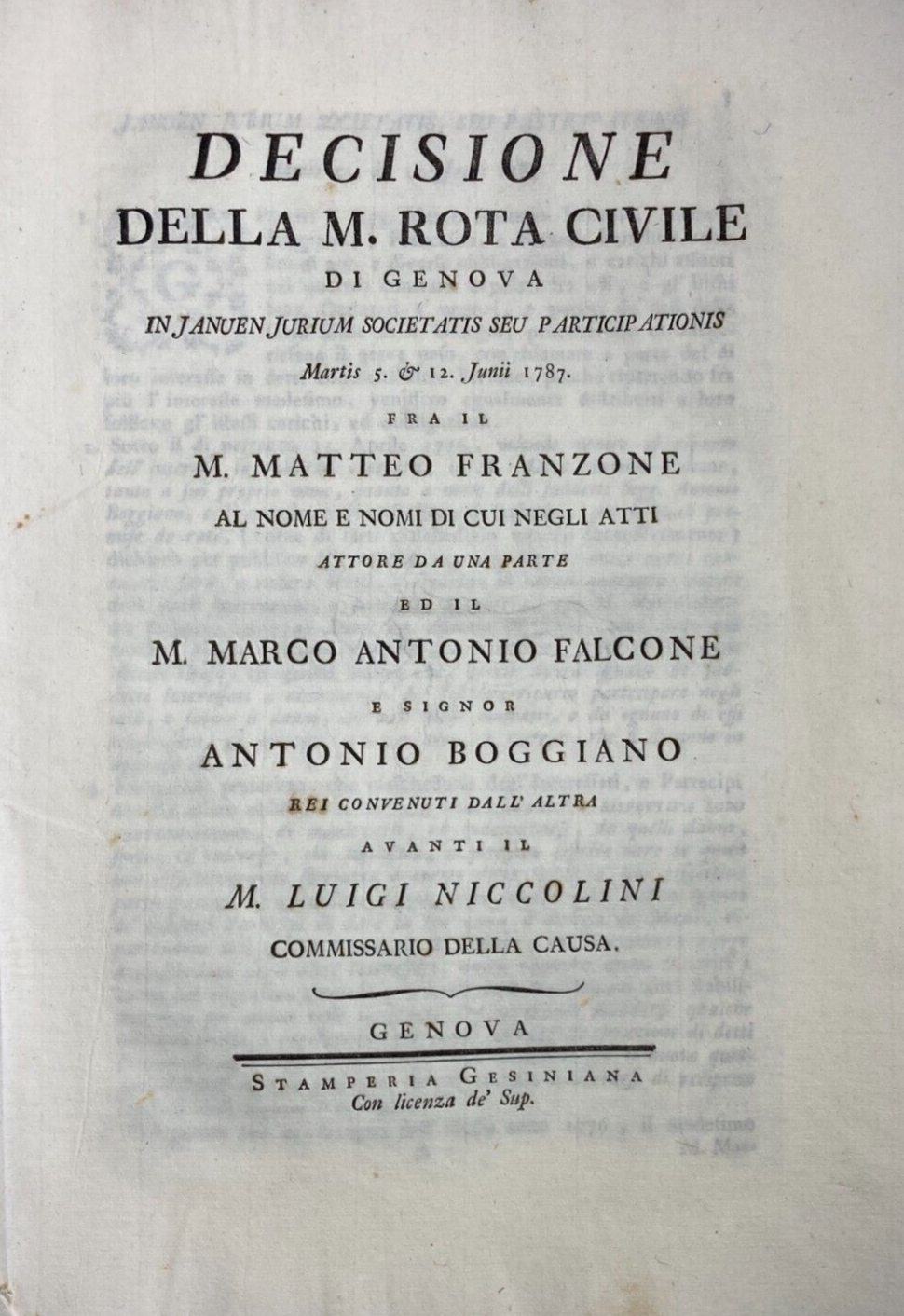 Liguria, Genova: Antica Allegazione Giuridica   Franzone, Falcone, Boggiano, Ilarj (1787)