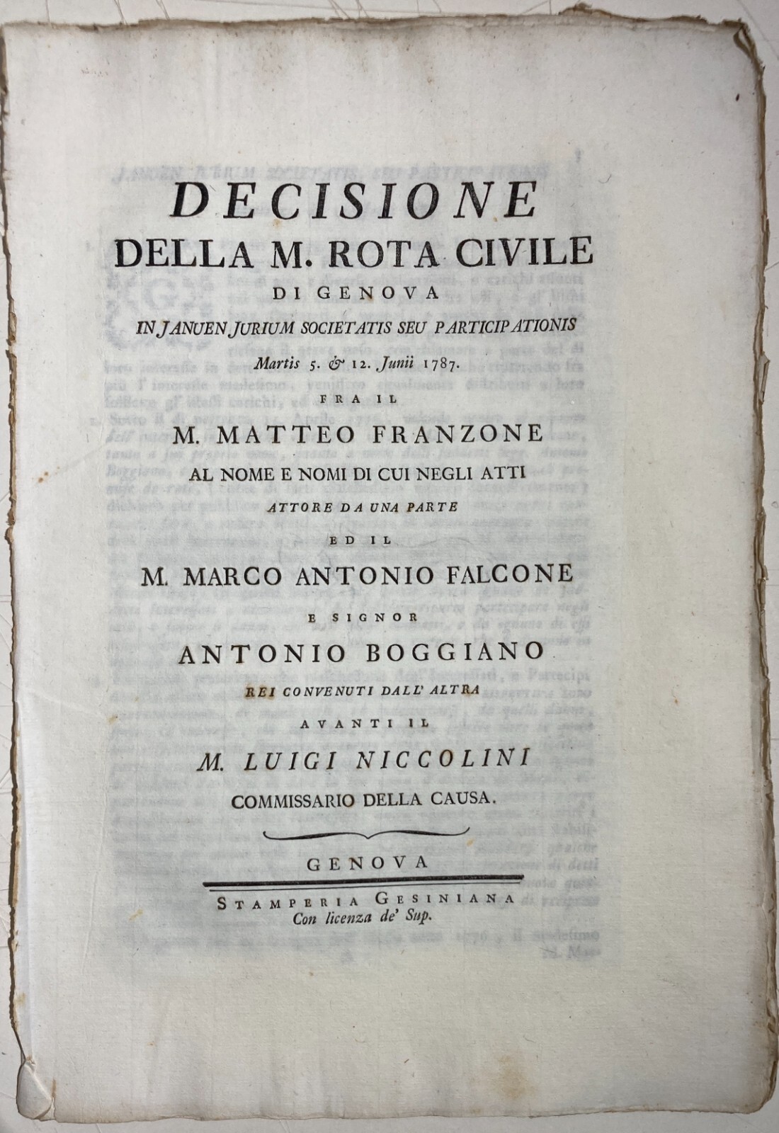 Liguria, Genova: Antica Allegazione Giuridica   Franzone, Falcone, Boggiano, Ilarj (1787)