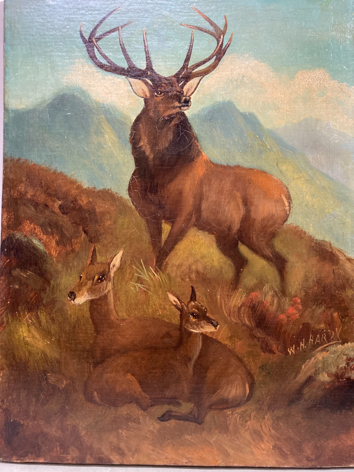 Antico Dipinto Di William Howard Hardy: Paesaggio Montano Con Cervi, Fine XIX Secolo
