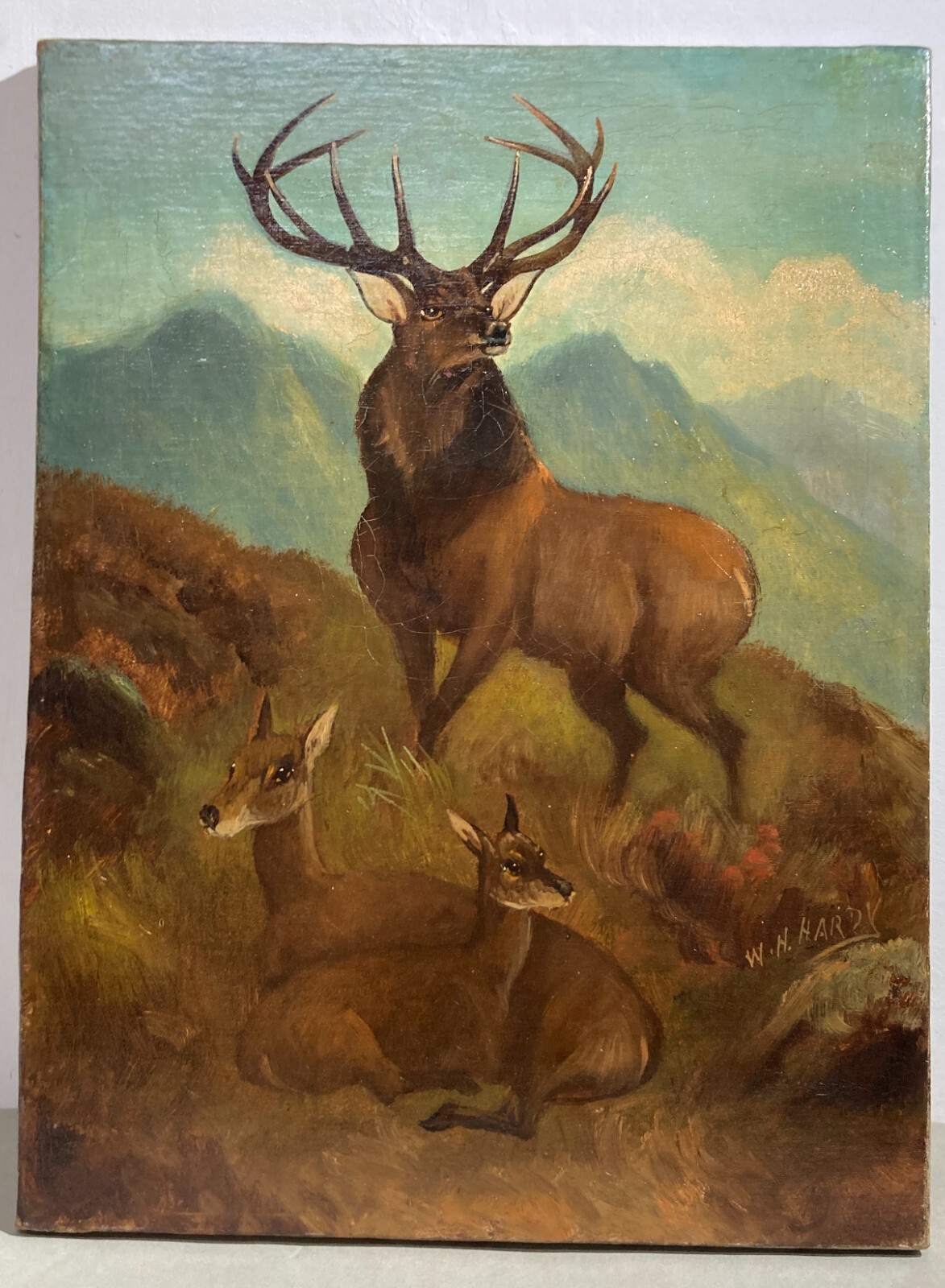 Antico Dipinto Di William Howard Hardy: Paesaggio Montano Con Cervi, Fine XIX Secolo
